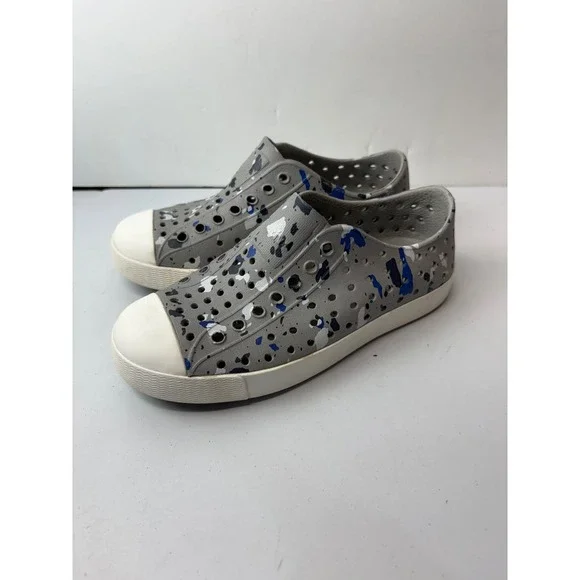 Native Jefferson Sneakers Kids Size C13 Grey Blue Paint Splatter Slip On Shoes - Picture 3 of 6